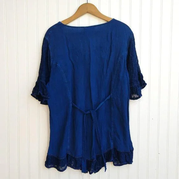 Holy Clothing Rachelle Tunic Top Size XL 1X Blue Ruffle Embroidered Tassels - Picture 10 of 11